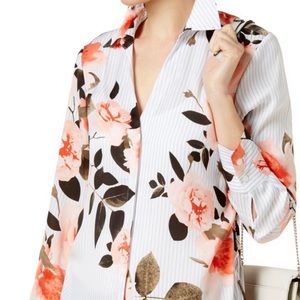 I.N.C  Womens Blue Satin Floral Print Striped